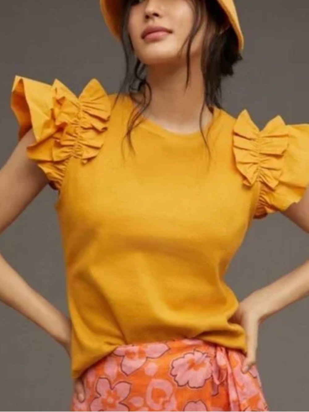 Anthropologie Womens Yellow Gold Flutter Sleeve Blouse XS Ribbed Shirt T Blouse
